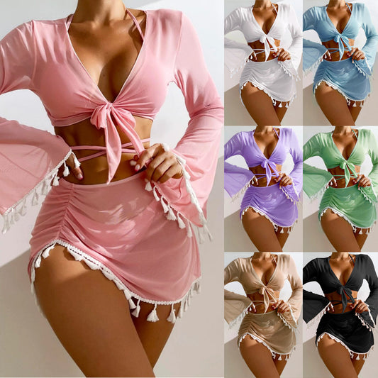 4pcs Solid Color Bikini With Short Skirt And Long Sleeve Cover-up Fashion Bow Tie Fringed Swimsuit Set Summer Beach Womens Clothing
